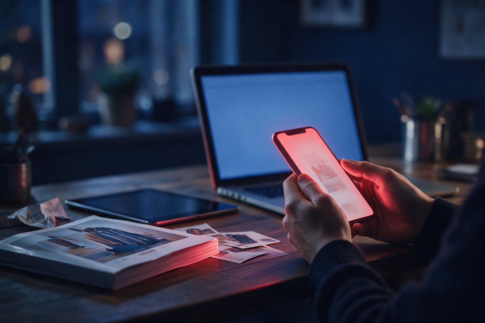 Mãos segurando um celular sobre uma mesa com notebook, tablet e catálogo impresso