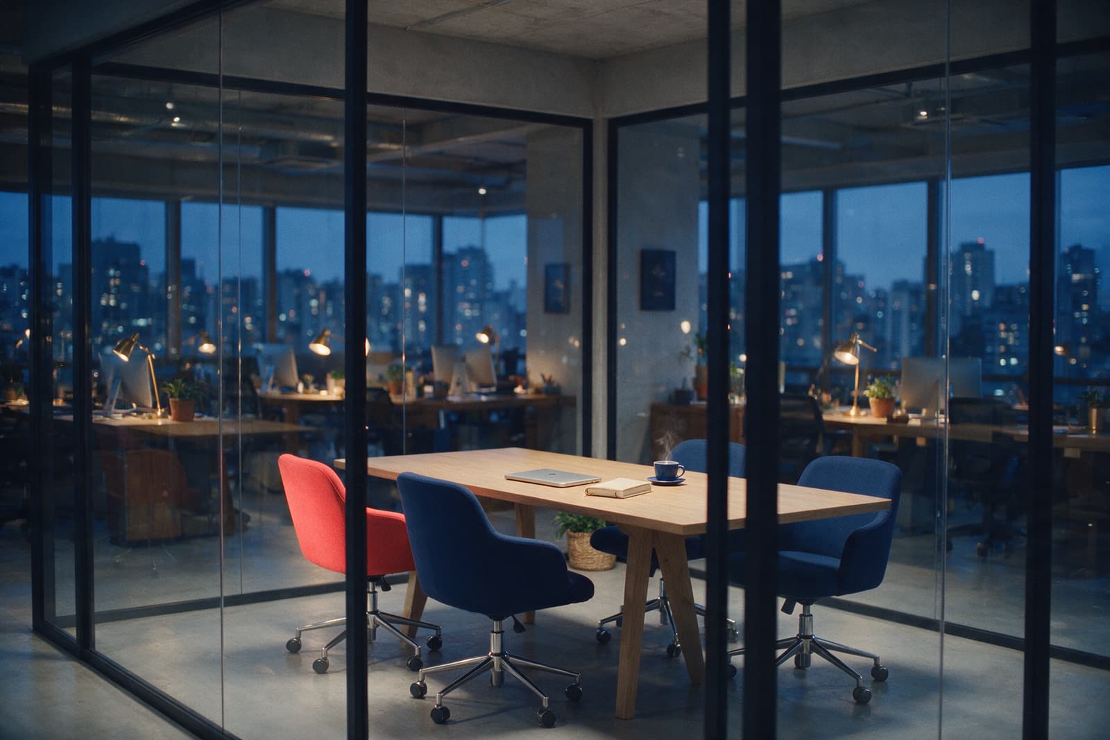Escritório de agência de marketing ao entardecer, com sala de reunião de vidro vazia em primeiro plano