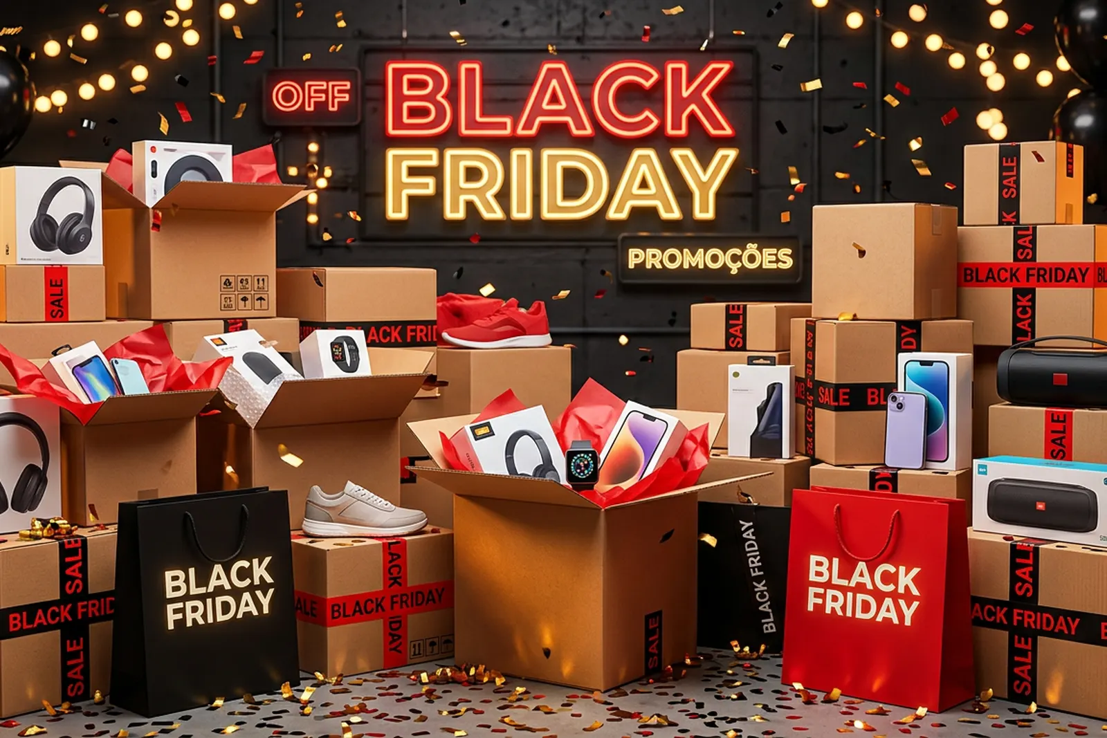 Caixas de papelão com fitas de Black Friday, sacolas, fones, celulares e tênis em promoção sob um letreiro neon escrito Black Friday.