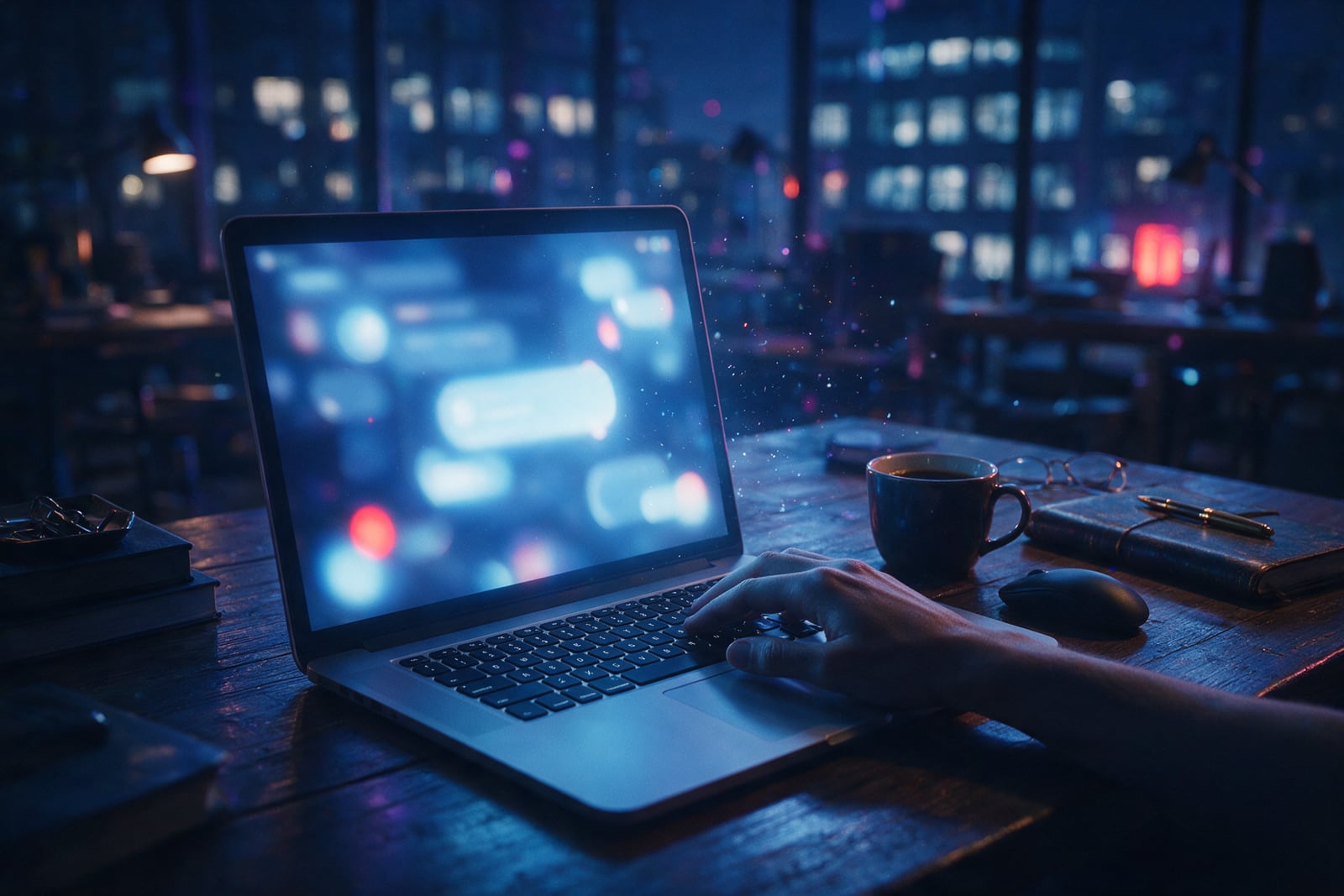 Mão digitando num notebook cuja tela mostra uma interface de conversa com brilho azul