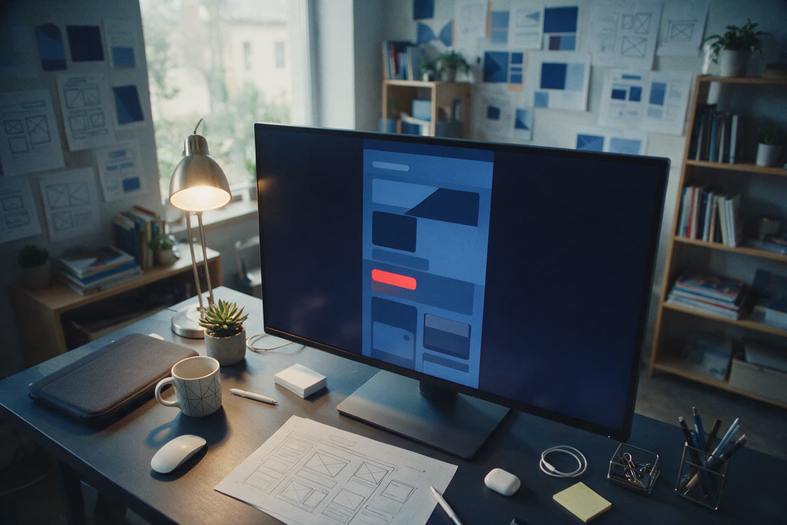 Mesa de designer com monitor exibindo o esboço de uma landing page e um wireframe impresso ao lado