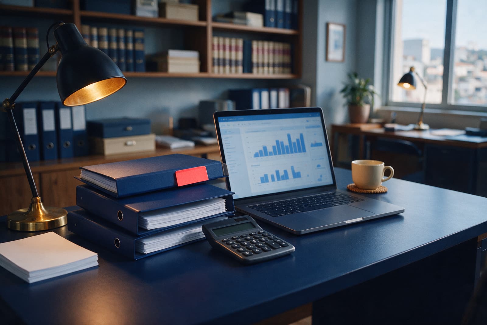 Mesa de escritório contábil com notebook mostrando gráficos, calculadora e pastas organizadas