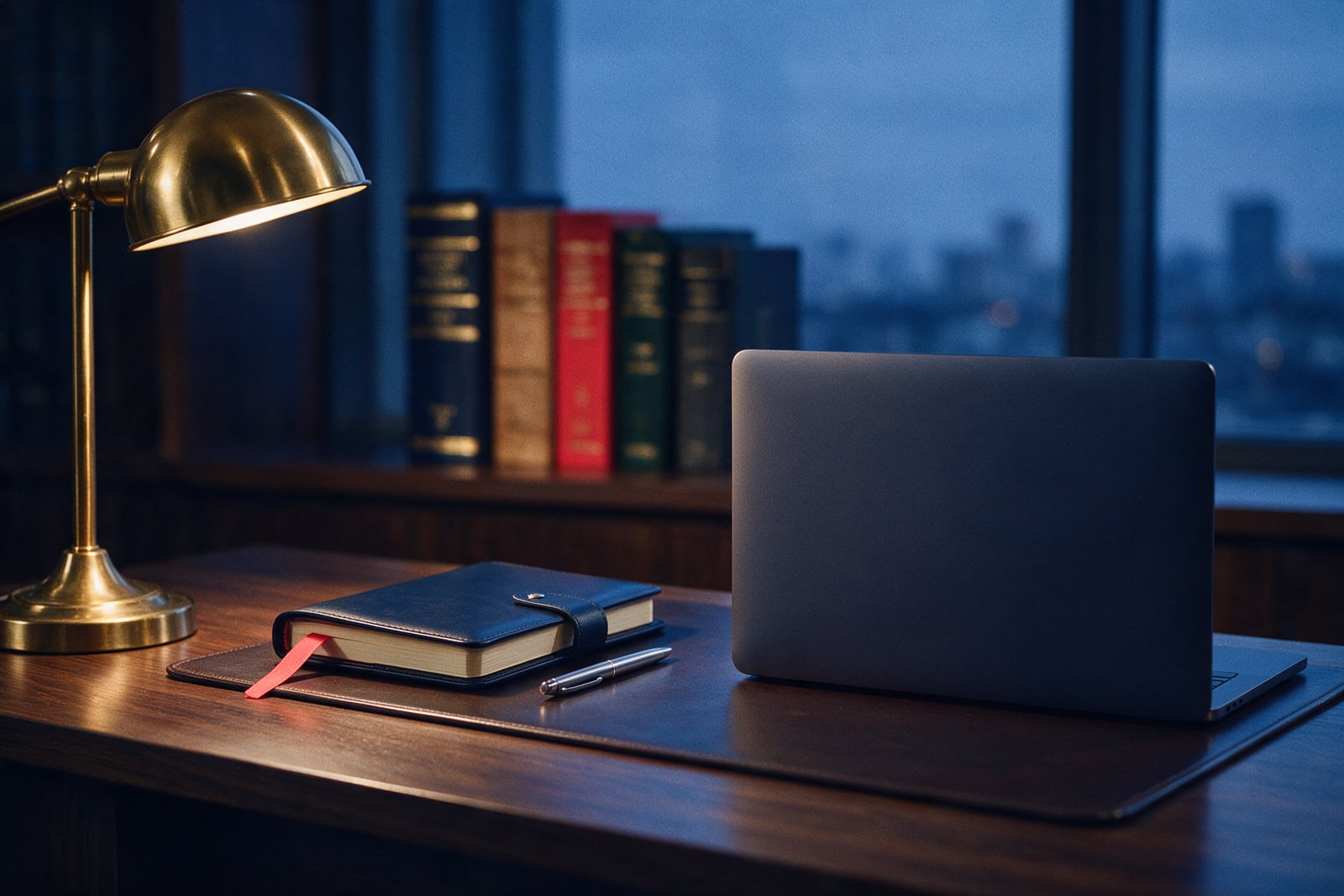 Mesa de escritório de advocacia com notebook fechado, caderno de couro e caneta, códigos ao fundo