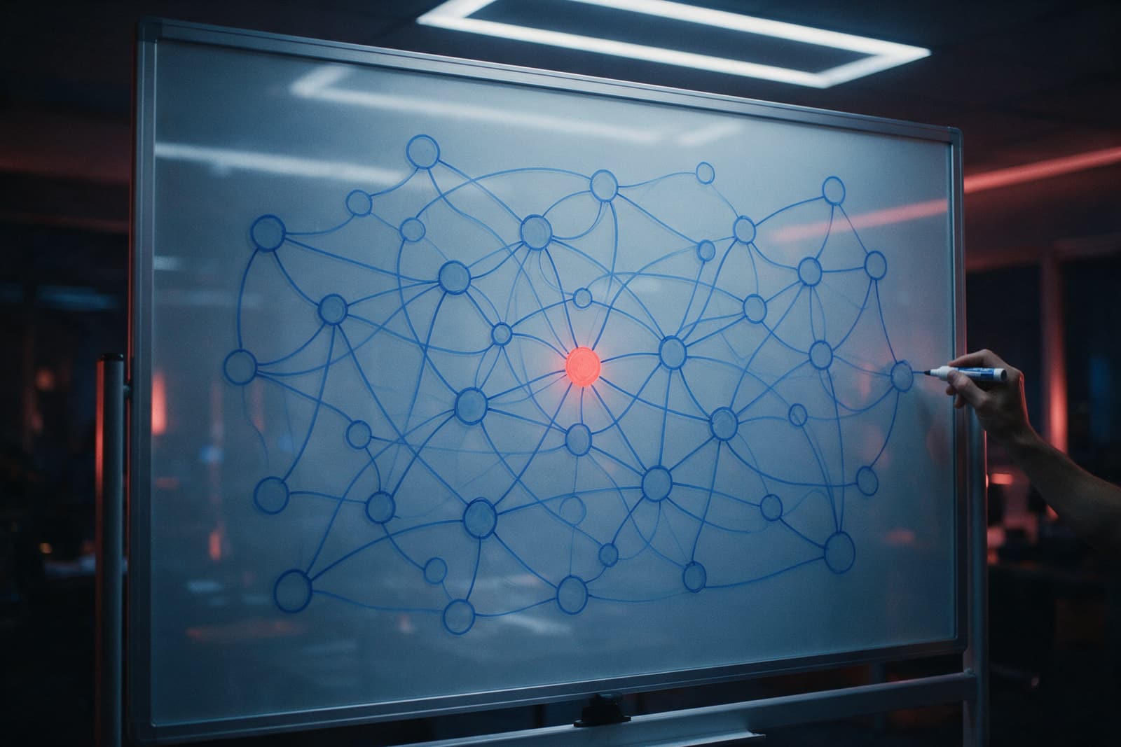 Quadro de vidro com um diagrama em rede desenhado a marcador azul, com um nó destacado em vermelho