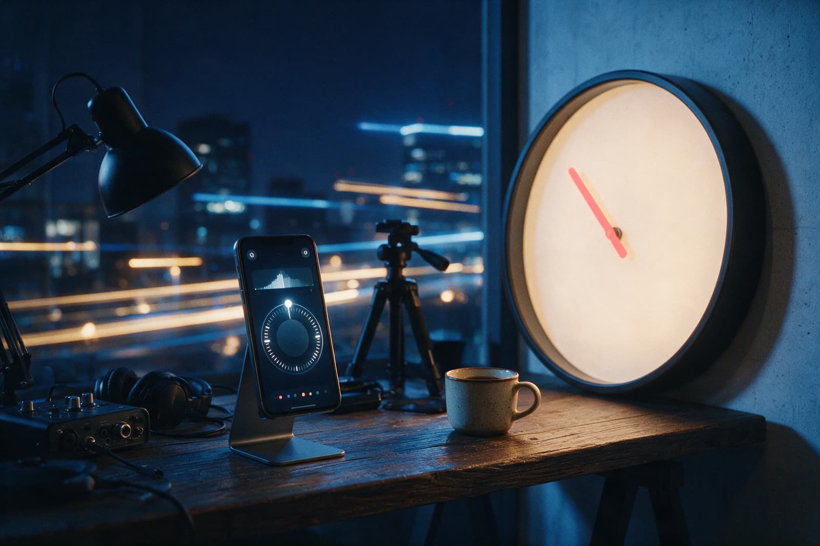 Celular apoiado numa mesa ao lado de um relógio de parede, com rastros de luz ao fundo