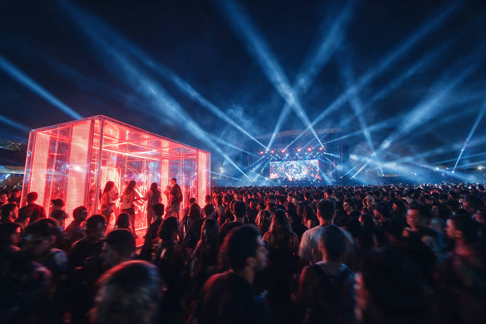 Festival de música à noite visto da plateia, com um pavilhão de ativação iluminado à esquerda