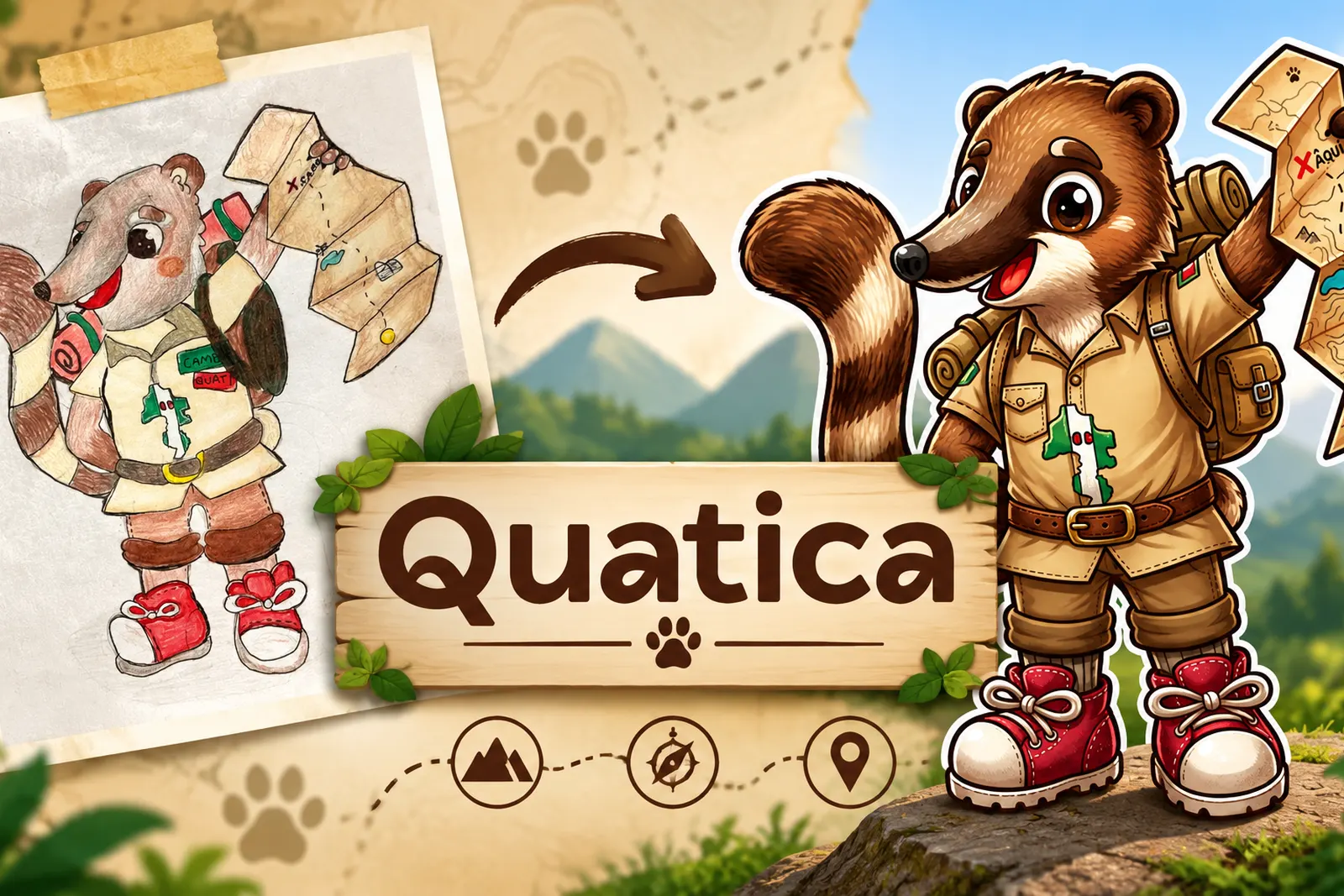 À esquerda, o desenho original a lápis da Quatica; à direita, a versão final ilustrada do quati explorador com mochila e mapa, ao lado de uma placa de madeira com o nome Quatica.