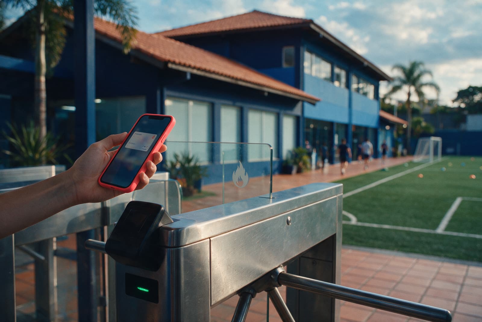 Mão segurando celular com carteirinha digital na catraca de entrada de um clube