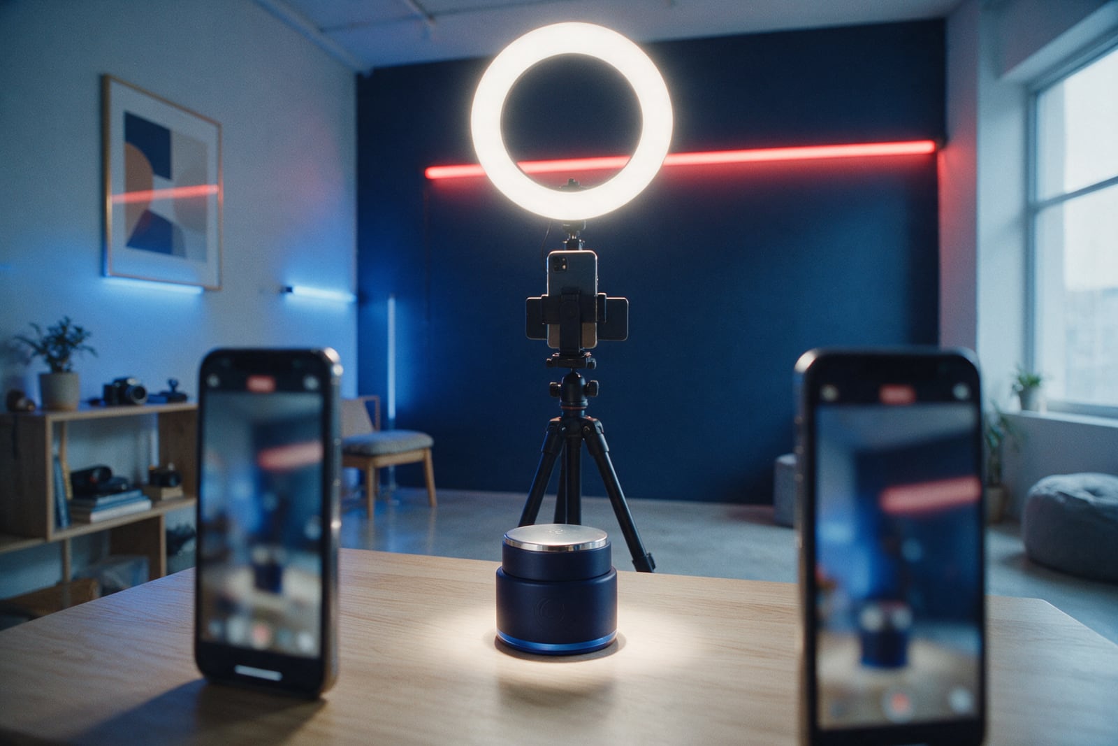 Pequeno estúdio de conteúdo com ring light e celular vertical num tripé filmando um produto
