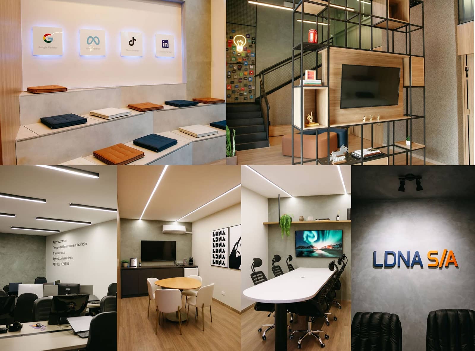 Montagem de seis ambientes do escritório da Londrina S/A em Londrina/PR: a parede com os selos Google, Meta, TikTok e LinkedIn Partner, o lounge da escada, a sala da equipe com os valores na parede, a copa, a sala de reuniões e o letreiro LDNA S/A na recepção